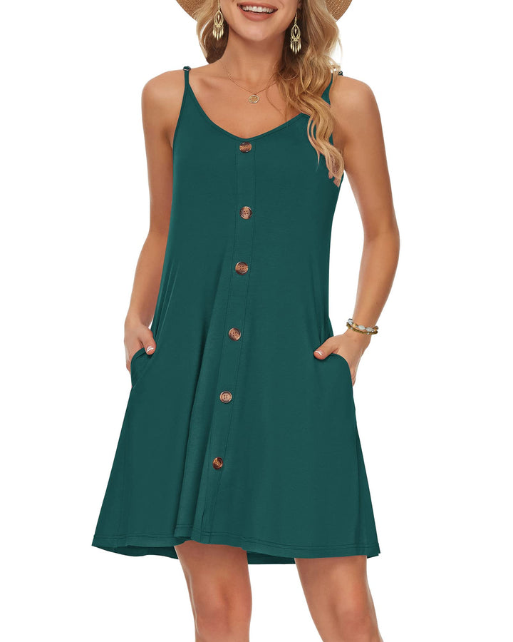 WNEEDU Damen Kleid Sommer Spaghettiträger Sommerkleid Kurze Strandkleider V Ausschnitt Leichte Freiz