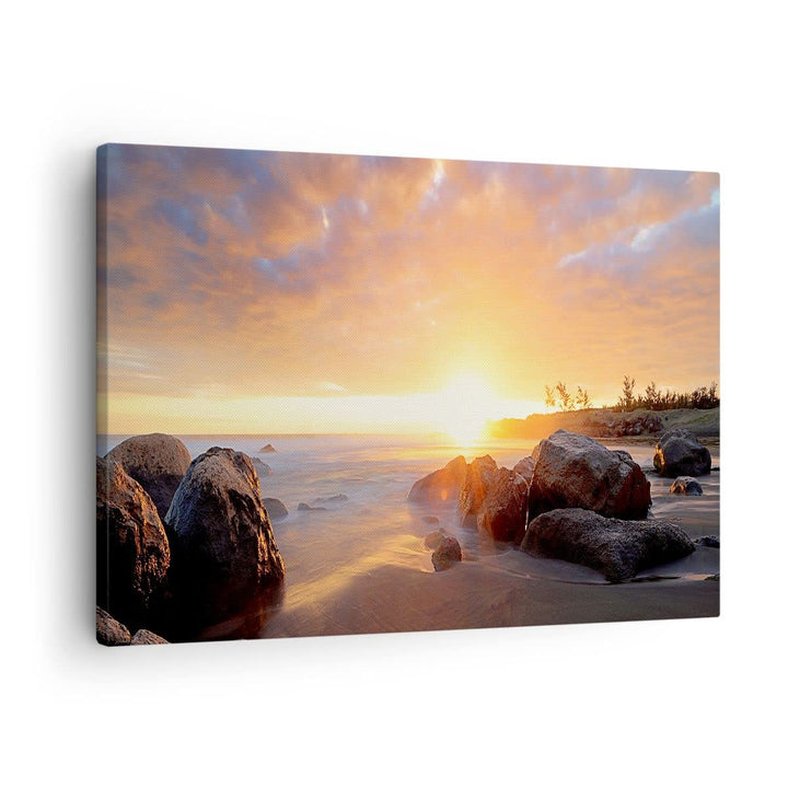 Bilder auf Leinwand Meer Strand Felsen Leinwandbild mit Rahmen 70x50cm Wandbilder Dekoration Wohnzim