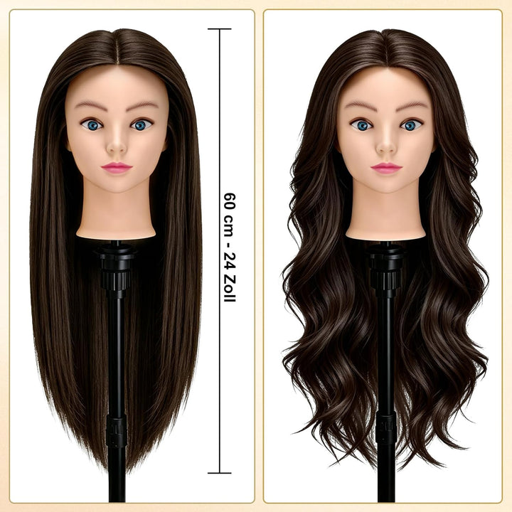 TwoWin 24 Zoll /60 cm Trainingsköpfe für Friseure, Frisierkopf mit 80% Echthaar, Übungskopf Friseurk