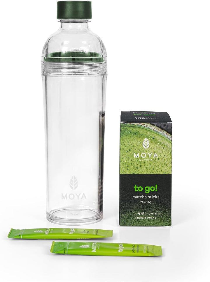 Moya Matcha To Go! Set Organischer | 24 Stück x 1,5 g Matcha To Go Sticks + Glas-Shaker 330ml | Set