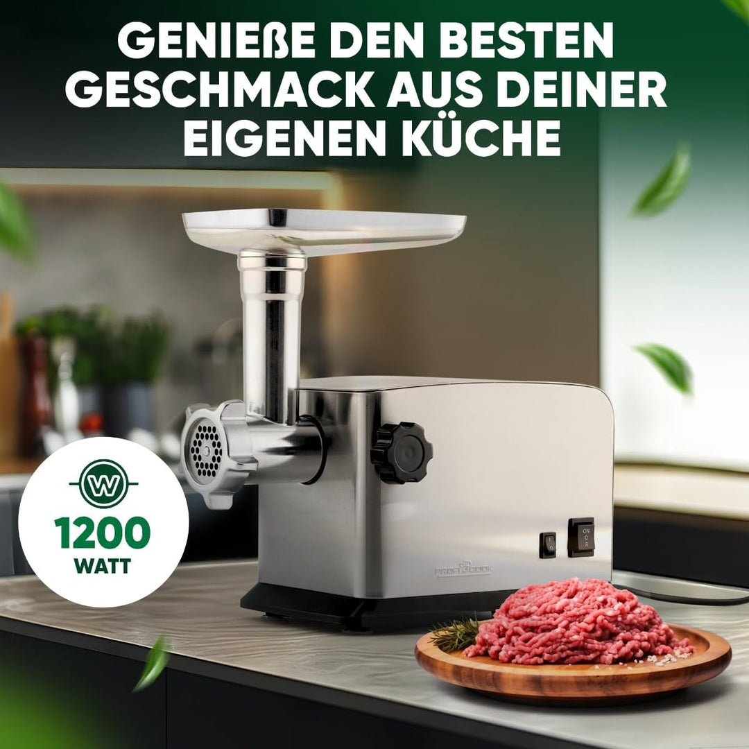 ProfiCook Fleischwolf 1200W | mit Aufsatz für Plätzchen/Spritzgebäck | Fleischwolf elektrisch | 3 Me