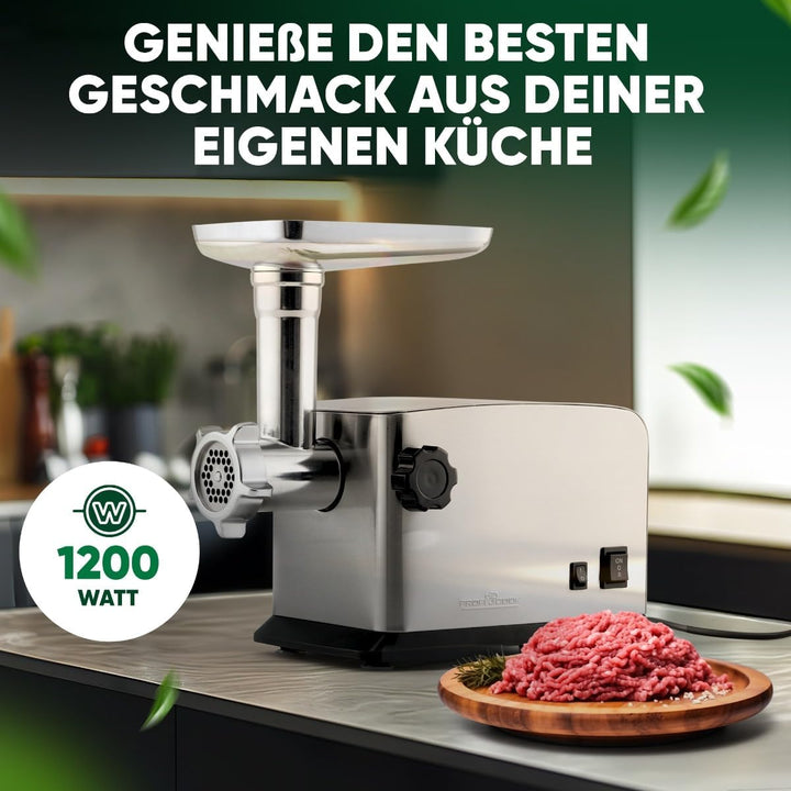 ProfiCook Fleischwolf 1200W | mit Aufsatz für Plätzchen/Spritzgebäck | Fleischwolf elektrisch | 3 Me