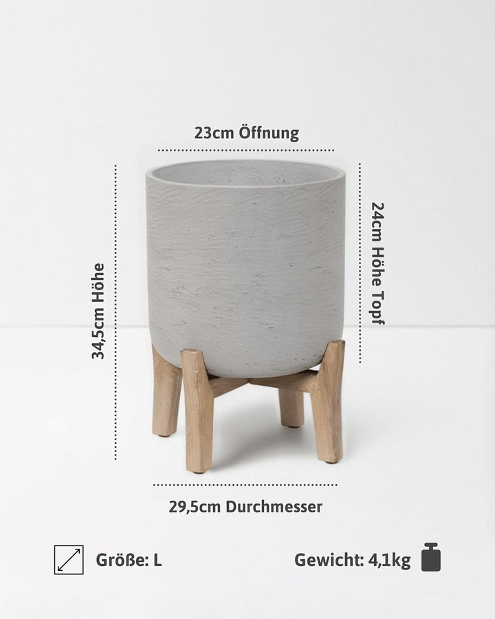 Finestgreen Charlie Feet Low | Handgefertigtes Pflanzgefäss auf Holzfüssen (L Ø:29,5 H:34,5 cm, Grau