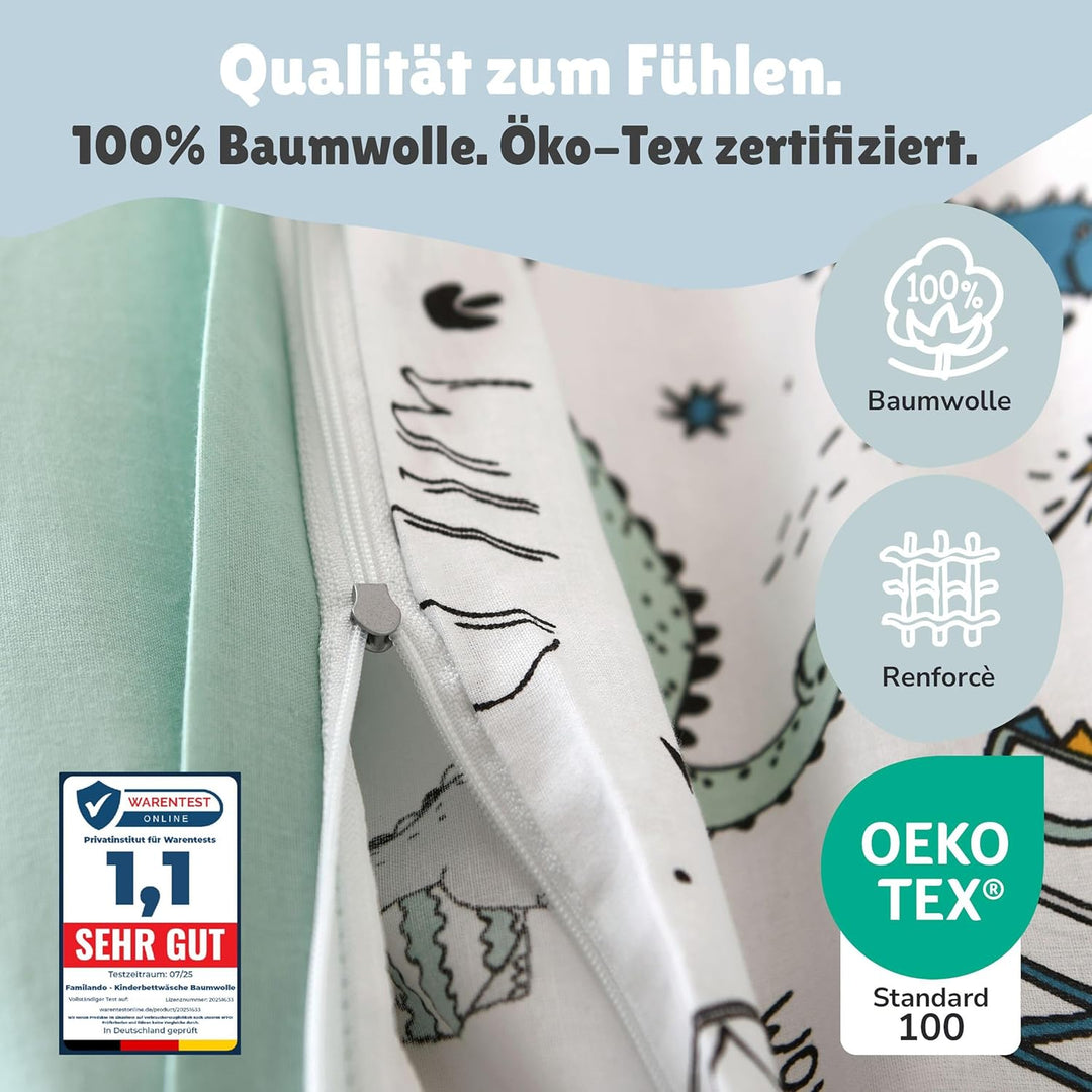Familando Baby-Bettwäsche mit Ohren/Stacheln 100x135 40x60 cm · Dino Bettwäsche Hellblau für Kleinki