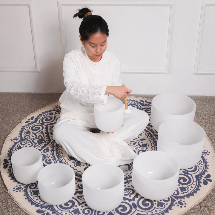 Hye-eun Kristall Klangschale Set, 432hz 7-12 Zoll Klangschalen mit Tragetasche,7PCS Chakra Frosted Q