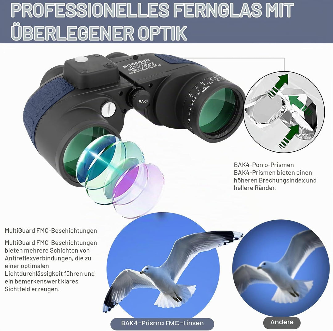 BOSSDUN 10x50 Marine Fernglas,Fernglas mit Nachtsicht Entfernungsmesser und Kompass, für Wassersport