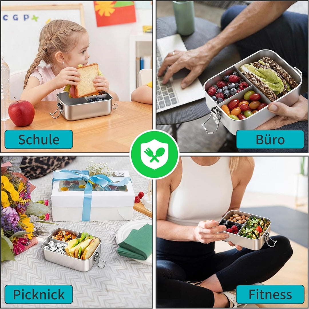 Onader Edelstahl Brotdose mit Fächern 2er Set, 850ml Bento Box Lunchbox mit Abnehmbar Trennwand, Met