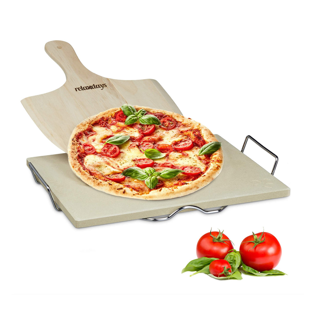 Relaxdays Pizzastein Set 1,5 cm Stärke mit Metallhalter und Pizzaschieber aus Holz HBT 1.5 x 38 x 30