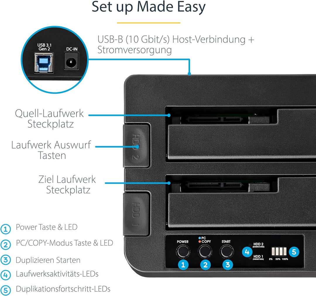 StarTech.com USB 3.1 (10Gbit/s) Festplatten Duplikator Dock für 2,5" & 3,5" SATA SSD Festplatten + 4