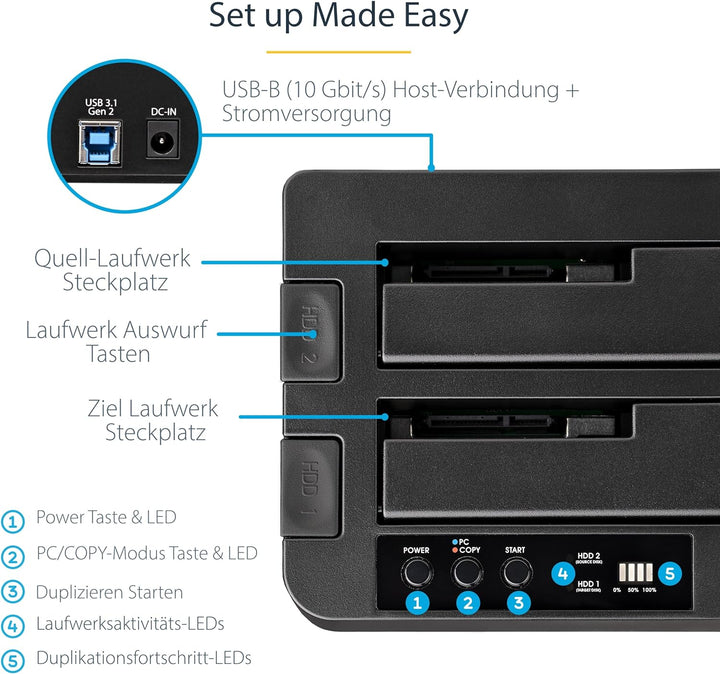 StarTech.com USB 3.1 (10Gbit/s) Festplatten Duplikator Dock für 2,5" & 3,5" SATA SSD Festplatten + 4