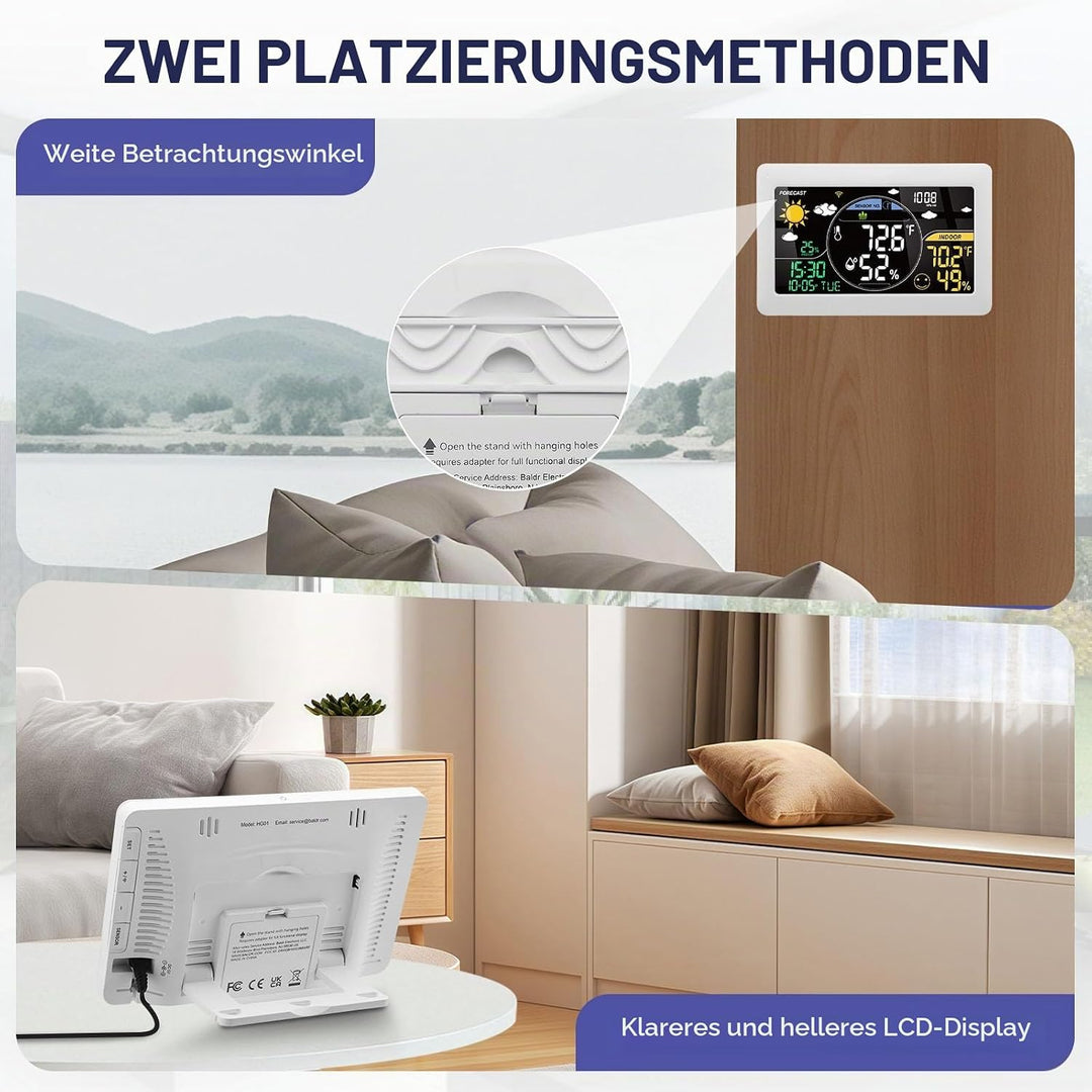 7.9" Wetterstation Funk mit Aussensensor VA-Display DCF Funkuhr, 20CM Grösse Farbdisplay mit Innen u