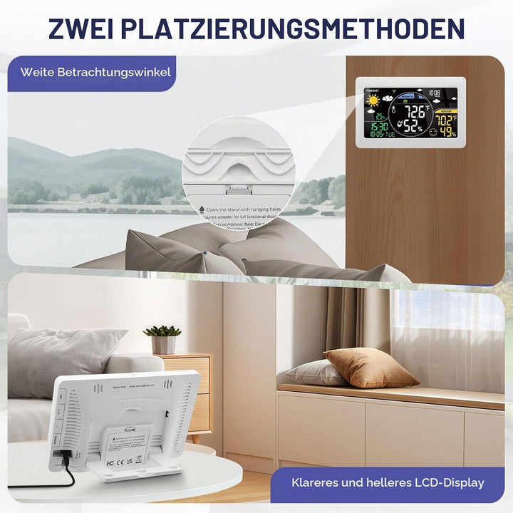 7.9" Wetterstation Funk mit Aussensensor VA-Display DCF Funkuhr, 20CM Grösse Farbdisplay mit Innen u
