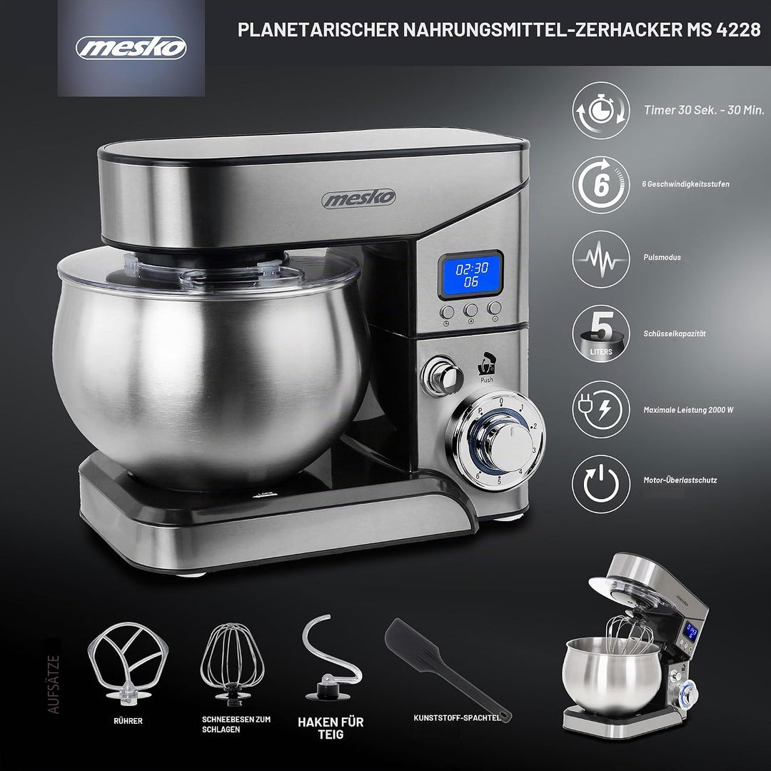 Mesko MS4228 Küchenmaschine, 5 Liter, professionelle Orbital-Küchenmaschine, 6 Geschwindigkeiten + P