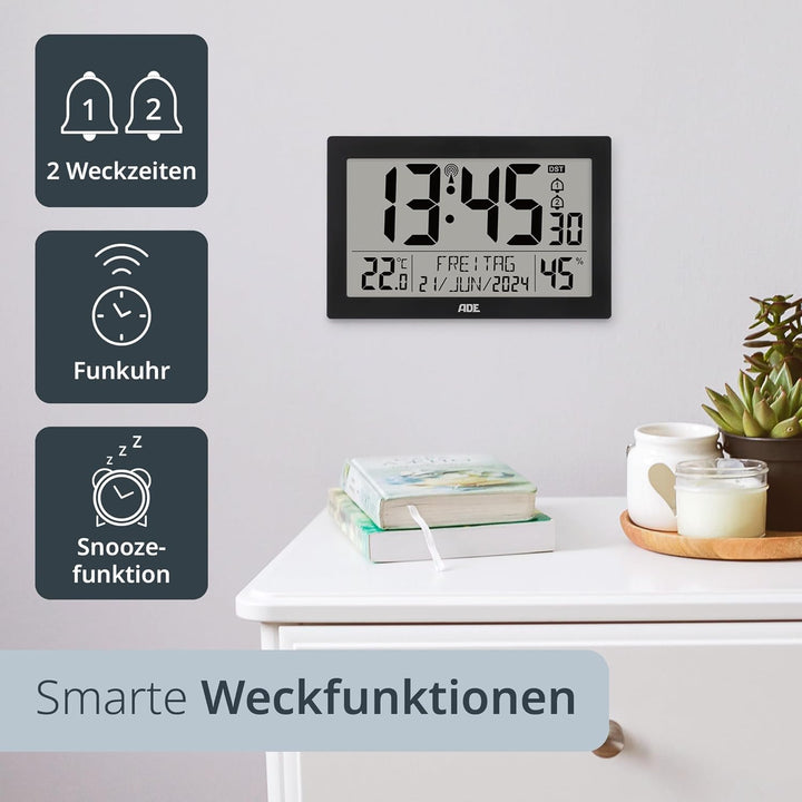 ADE Digitale Funkuhr mit grossem XL-Display | Kalender | mit Temperaturanzeige & Hygrometer | Wanduh