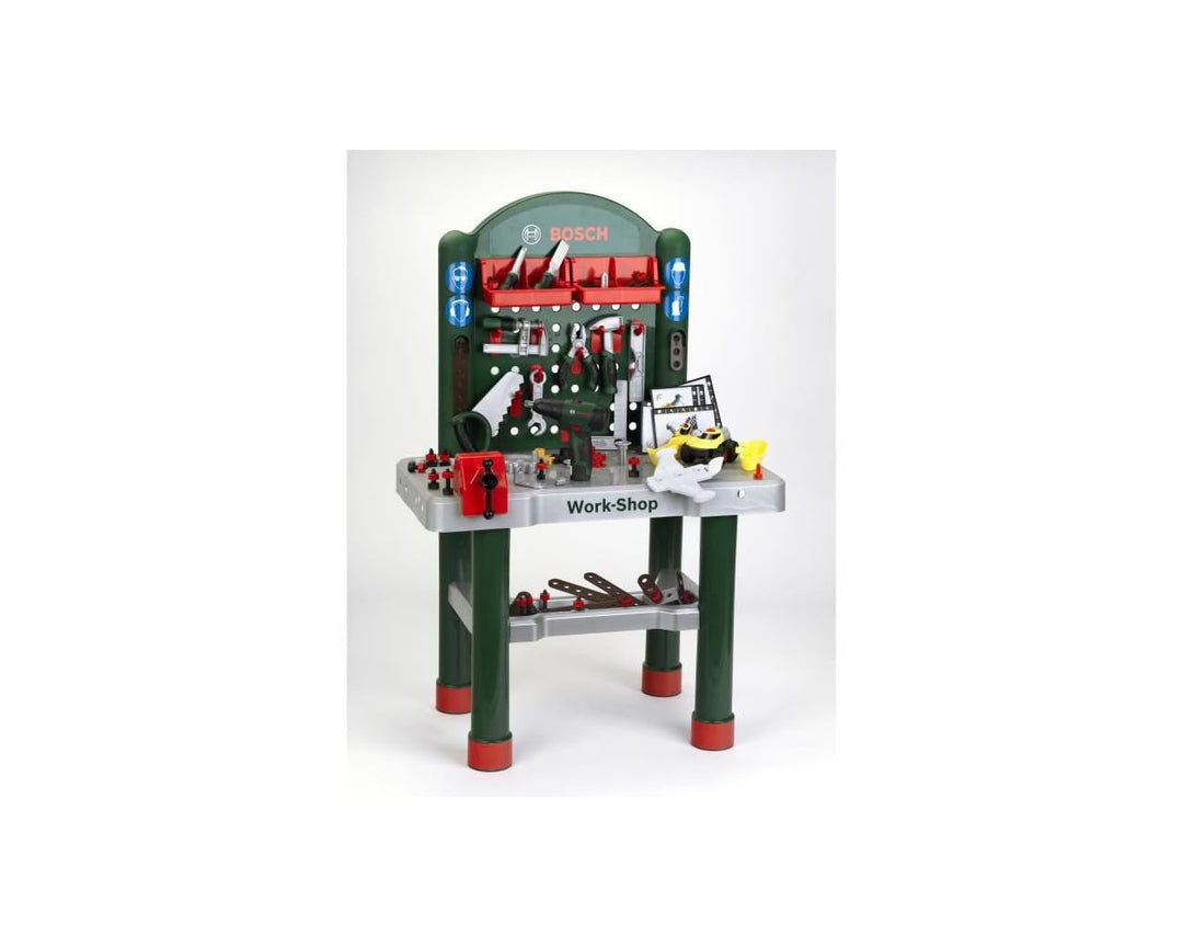 klein Bosch Work-Shop Werkbank mit mechanischem Schrauber und Fahrzeug zum Bauen