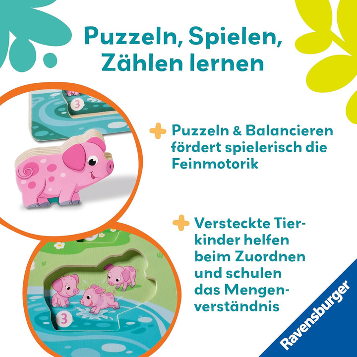 Ravensburger 12034123 Play+ Magnetisches Holz-Zähl-Puzzle: Bauernhof, Zählspiel und Balancierspiel f