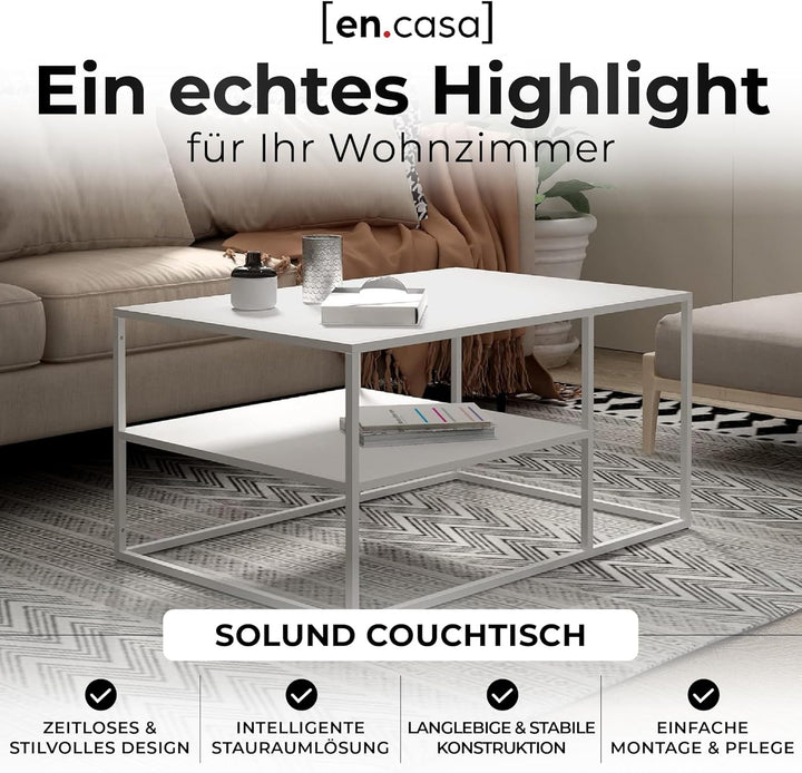[en.casa] Couchtisch Solund Beistelltisch Metall Weiss Wohnzimmertisch mit Stauraum 90 x 60 x 45 cm