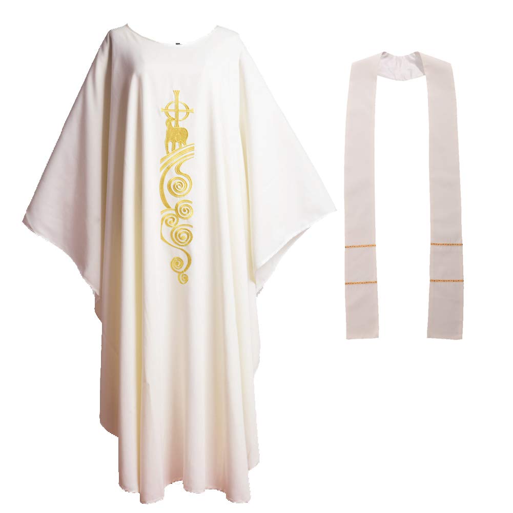 BLESSUME Chasuble Kirche Lamm Gestickter Priester Gewänder Kein Kragen Weiss