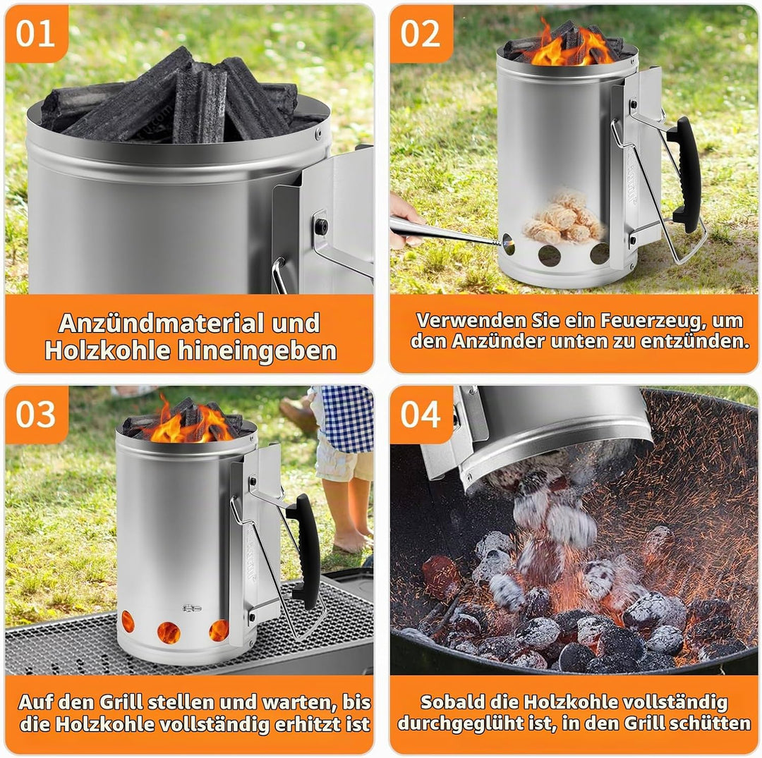 Anzündkamin, XL 19X30cm BBQ Grillanzünder Kamin, Verzinkter Stahl Anzündkamin mit Griff für Holzkohl