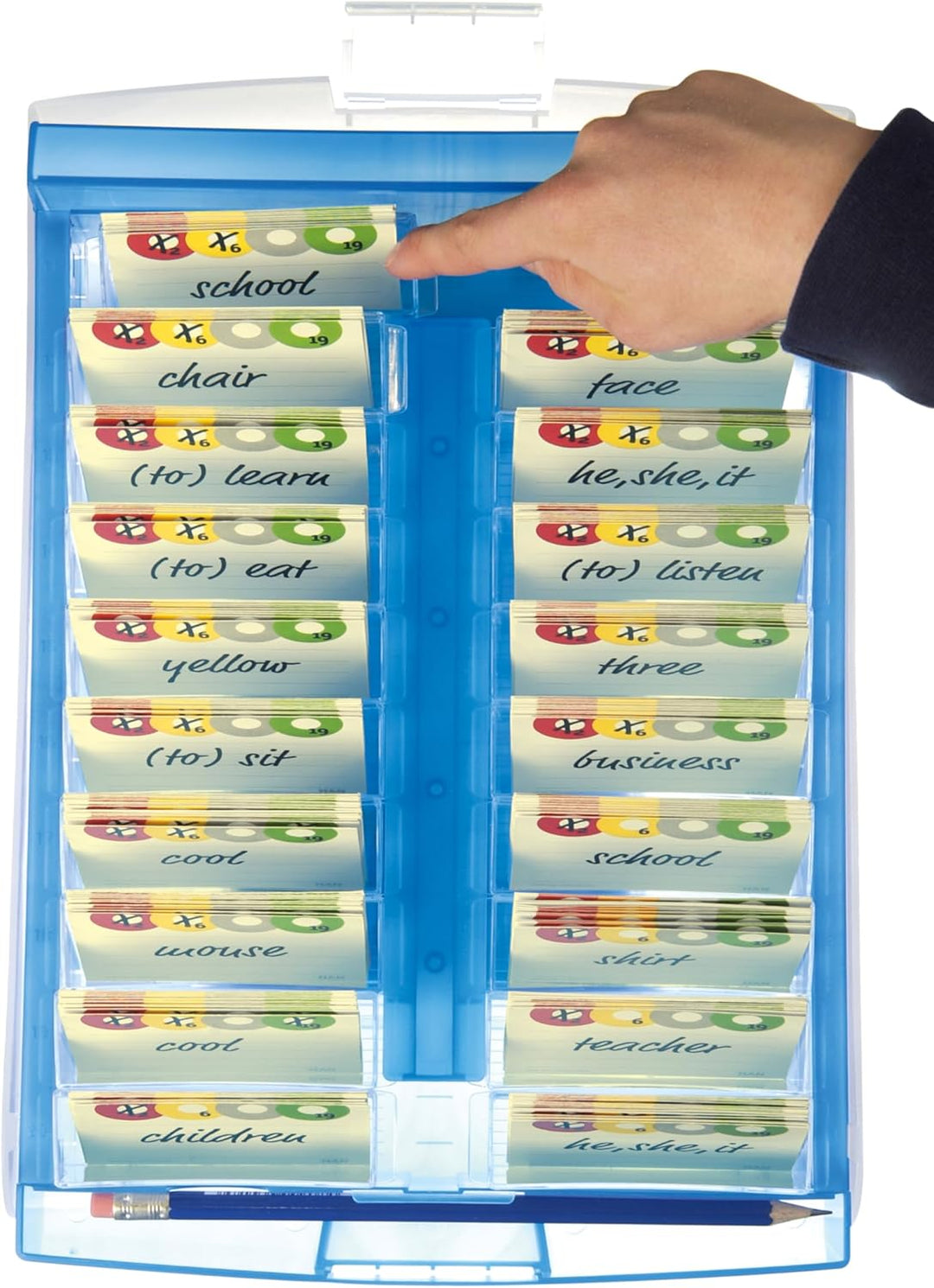 HAN Lernbox CROCO 2-6-19, einfach Vokabeln lernen mit 19 Kästchen, 1 x Bleistift, DIN A8 Karteikaste
