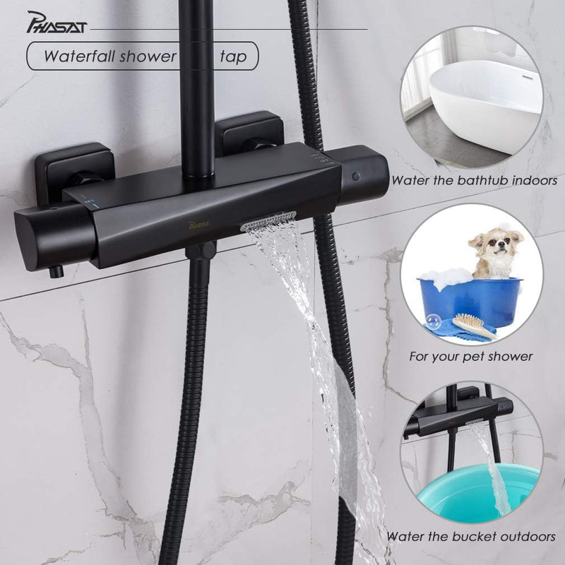 PHASAT Duschamatur Schwarz Bad Duschset Duschsystem Regendusche mit Armatur Thermostat Überkopfbraus
