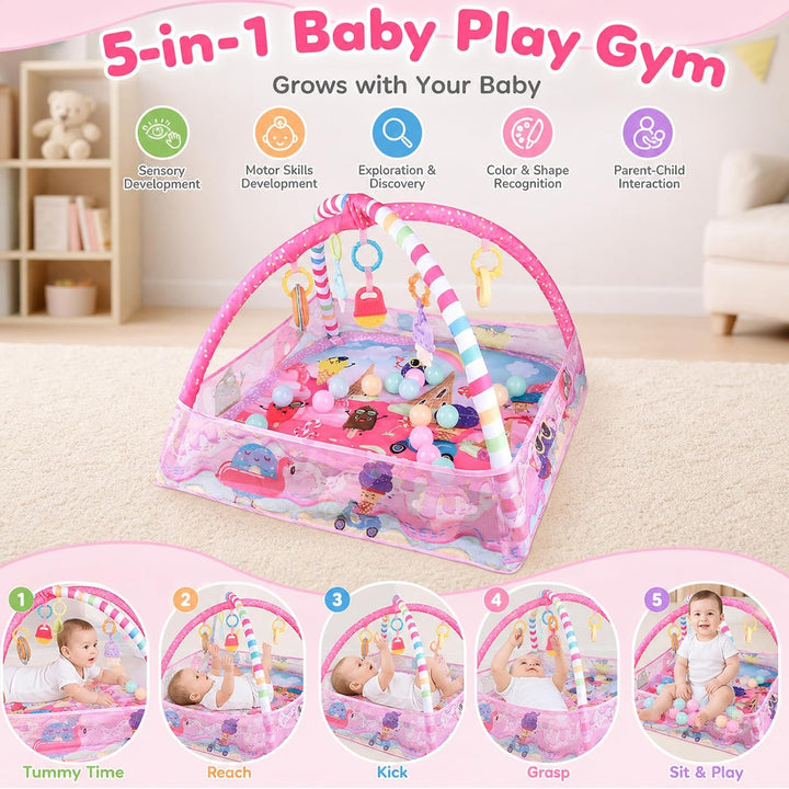 Bebamour Baby Spielmatten Bodenturngeräte von Geburt an, 18 Bälle, 5PCS Hängespielzeug, weiche Baby