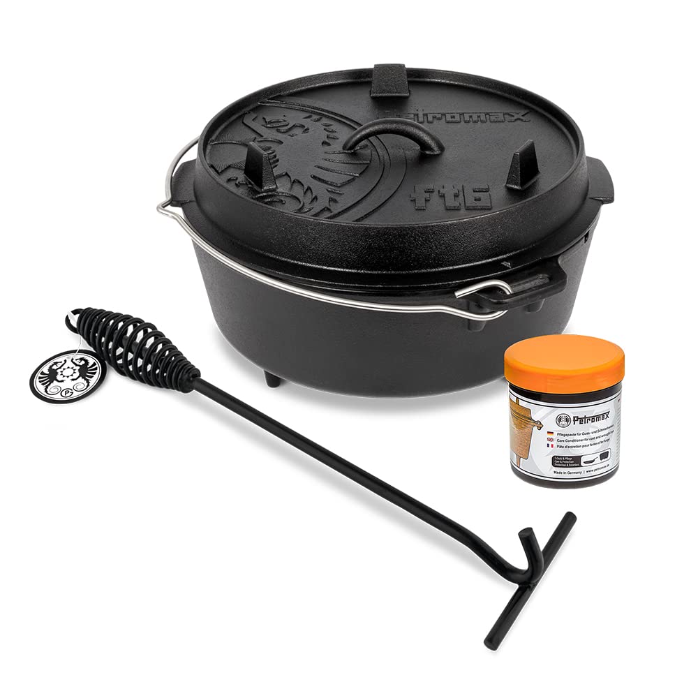 Petromax Feuertopf (Dutch Oven) Set´s (FT6, mit Standfüssen) | Original Gusseisen | mit Deckelheber