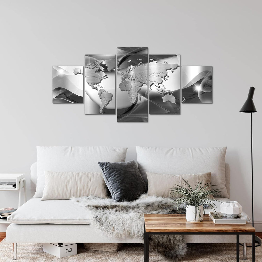 Runa Art Wandbilder Weltkarte 5 Teilig Bild auf Vlies Leinwand Deko Büro Wohnzimmer Abstrakt Schwarz