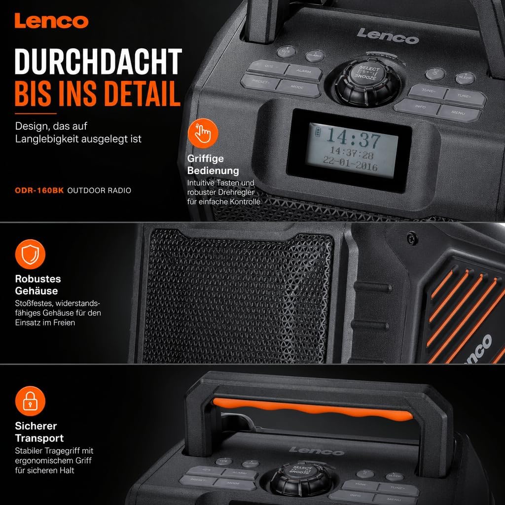 Lenco ODR-160BK Outdoor-Radio - DAB+/FM-Radio, Bluetooth-Lautsprecher, stossfest & wasserdicht, SD-K