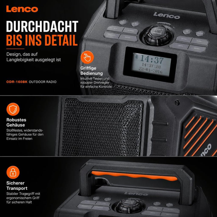 Lenco ODR-160BK Outdoor-Radio - DAB+/FM-Radio, Bluetooth-Lautsprecher, stossfest & wasserdicht, SD-K