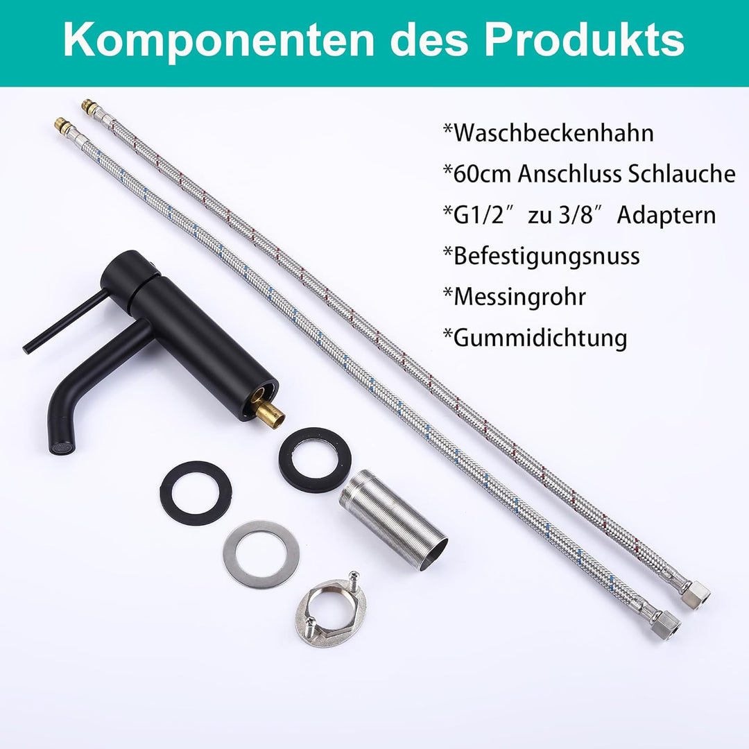 Wasserhahn Schwarz Matt Bad, Anti Ablösung Unterdruck Bleifrei Waschtischmischer mit Zulaufschlauch,