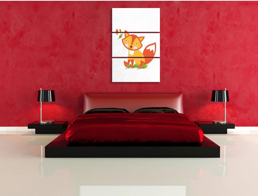 Pixxprint Niedlicher Fuchs in Laub Haufen als Leinwandbild/Grösse: 3 Teilig (120x80) cm/Wandbild/Kun