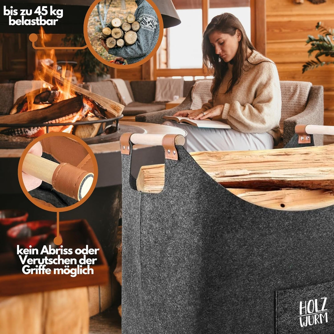 Holzwurm Holzkorb für Kaminholz - Filzkorb gross für Kaminholz Aufbewahrung Innen - Kaminholzkorb bi