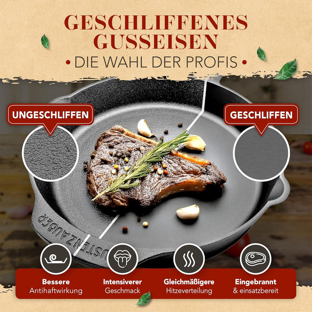 KRUSTENZAUBER Gusseisenpfanne Induktion 28cm inkl. Deckel und Pfannenwender - Geschliffene Pfanne Gu