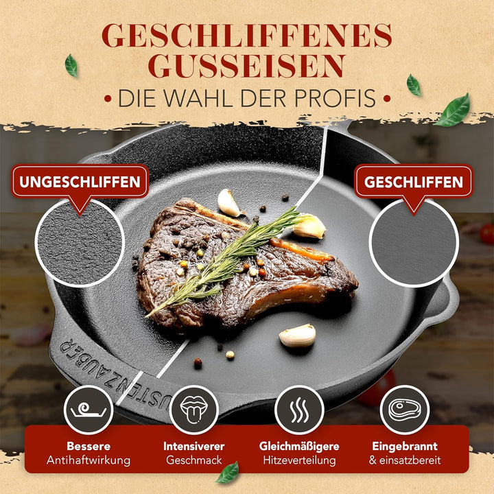 KRUSTENZAUBER Gusseisenpfanne Induktion 24cm inkl. Deckel und Pfannenwender - Geschliffene Pfanne Gu