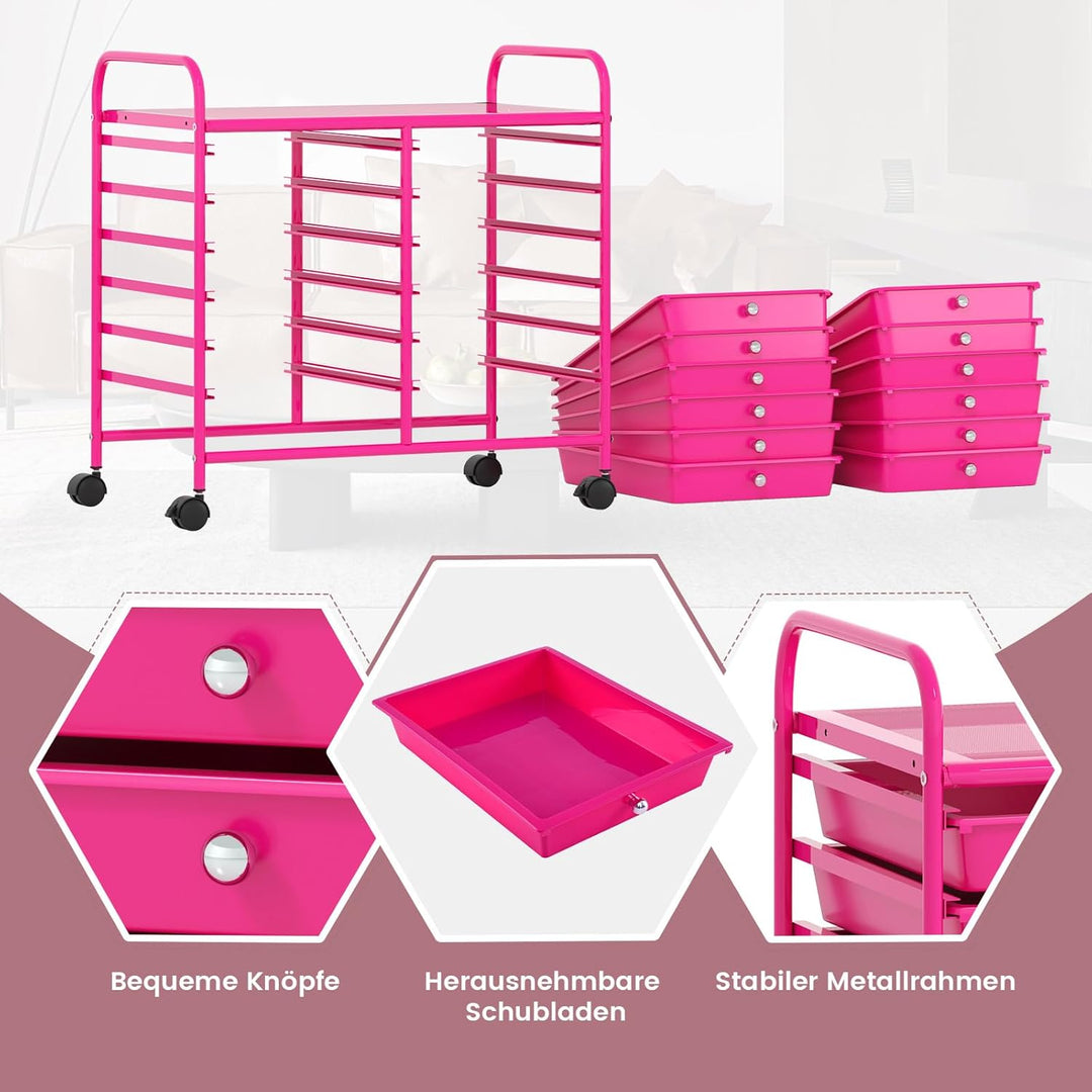 COSTWAY Rollwagen mit 12 stapelbaren Schubladen, Schubladenwagen Rollcontainer mit Metallgestell & A