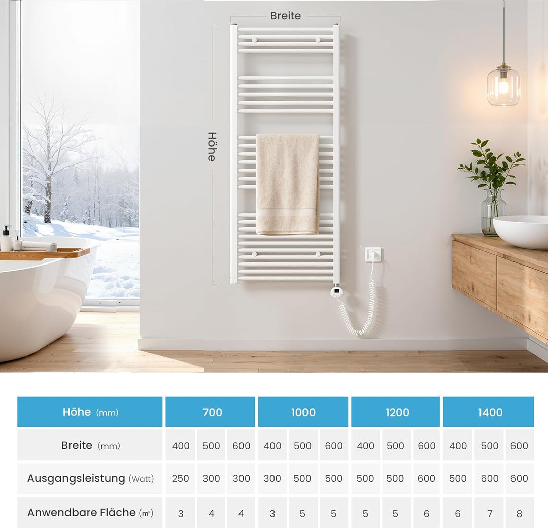 Heilmetz Badheizkörper Elektrisch mit Smart WiFi Heizstab 600W Leistung 1200 x 600 mm Weiss Gerade B