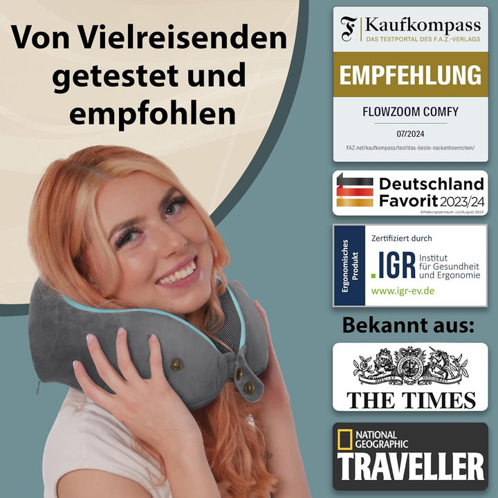 FLOWZOOM® Comfy Nackenhörnchen Nackenkissen Flugzeug & Auto Reise-Kissen aus Memory-Foam mit schmale
