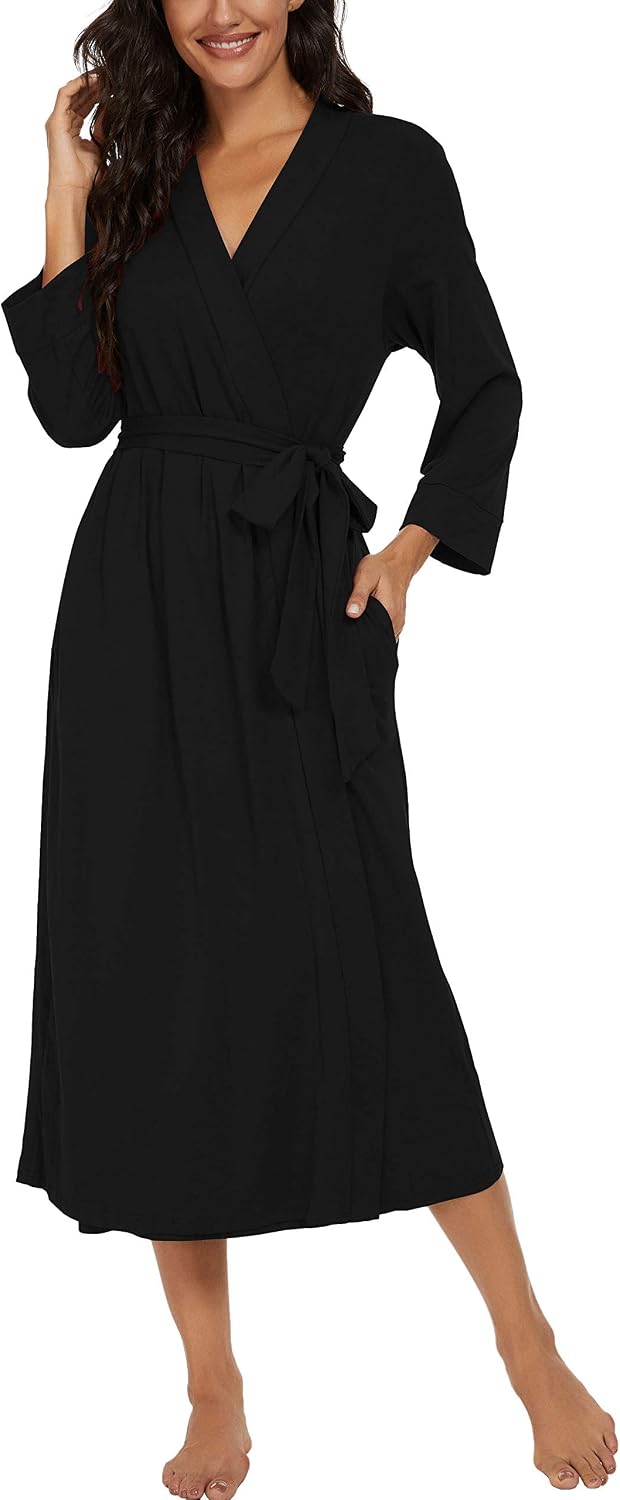 PrinStory Damen Bademantel Leichter 3/4 Ärmeln Morgenmantel V-Ausschnitt Kimono Roben Langes Nachtwä