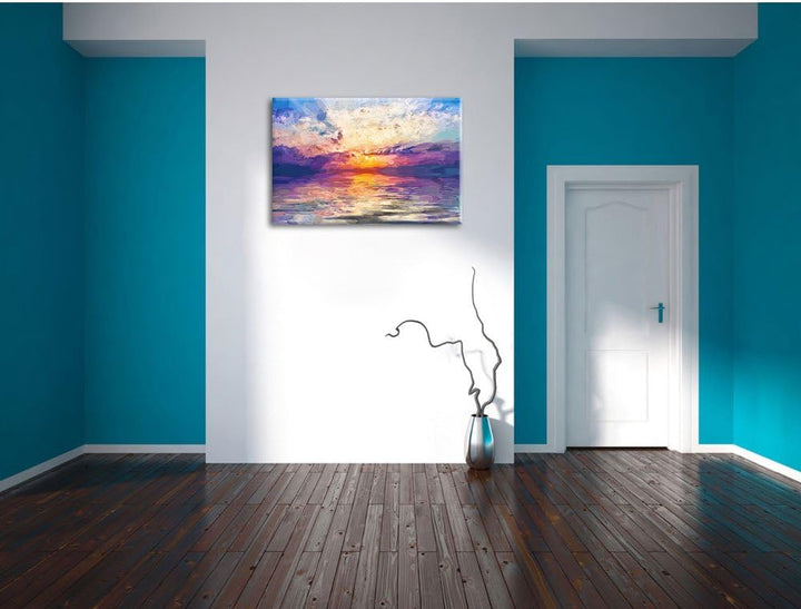 Pixxprint Sonnenaufgang im Meer / 100x70cm Leinwandbild bespannt auf Holzrahmen/Wandbild Kunstdruck