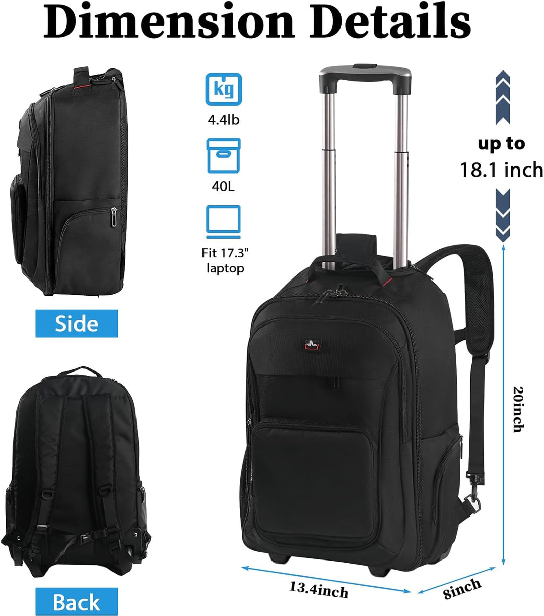 WIRABO Rucksack mit Rollen, 35L 15.6 Zoll Laptop Trolley Rucksack Gross Schultrolley Handgepäck Reis