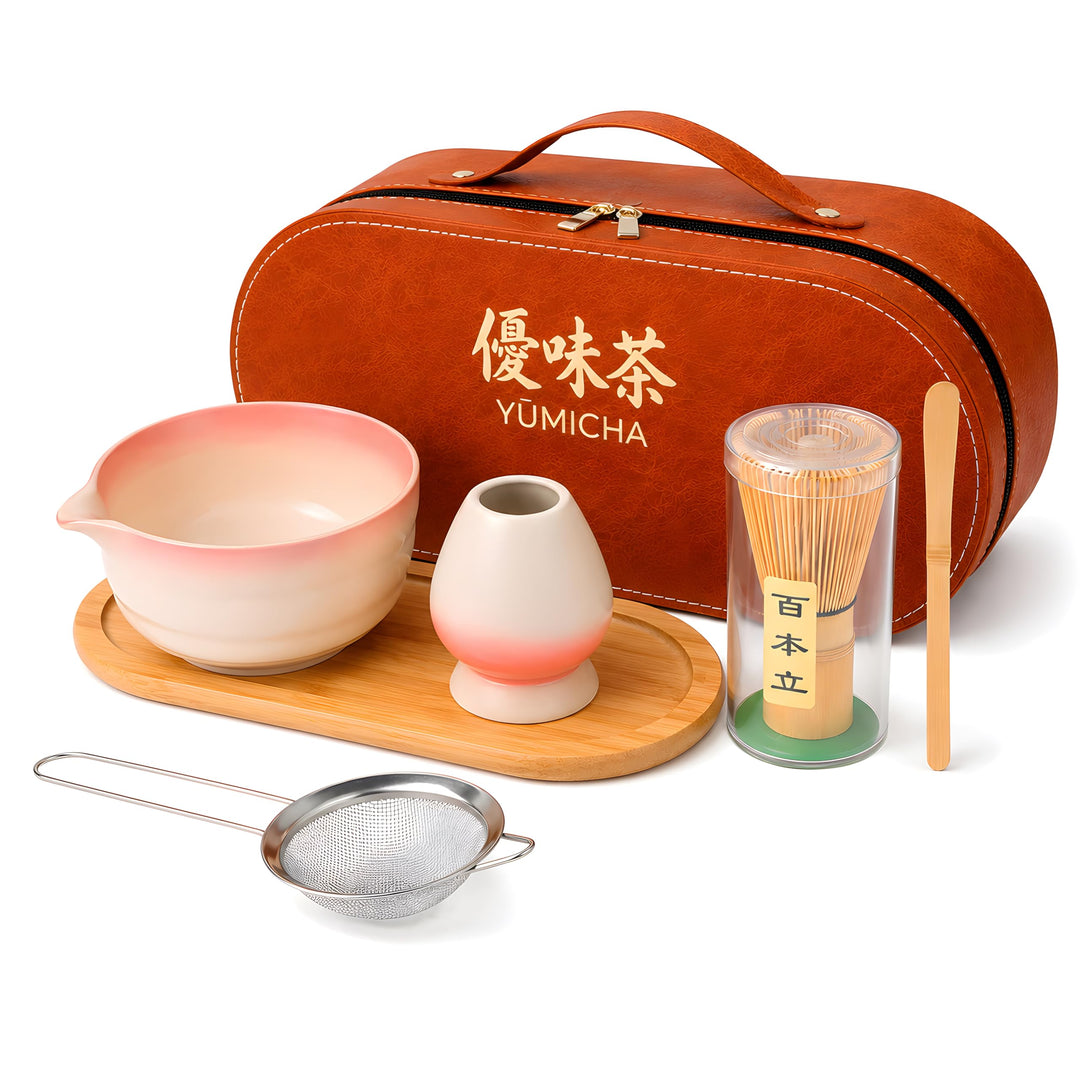 Matcha Set Komplett 7-teilig – Matcha Tee Set mit Schale, Bambusbesen (Chasen), Löffel, Halter & Auf