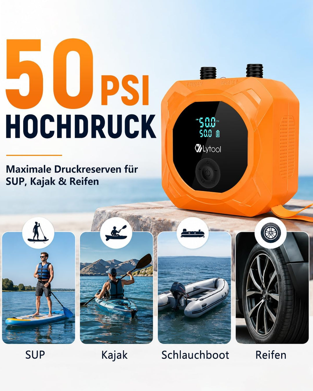 Elektrische SUP Pumpe (optional mit Akku / 12V KFZ-Anschluss) - Lytool 50 PSI Hochdruck Kombi-Luftpu