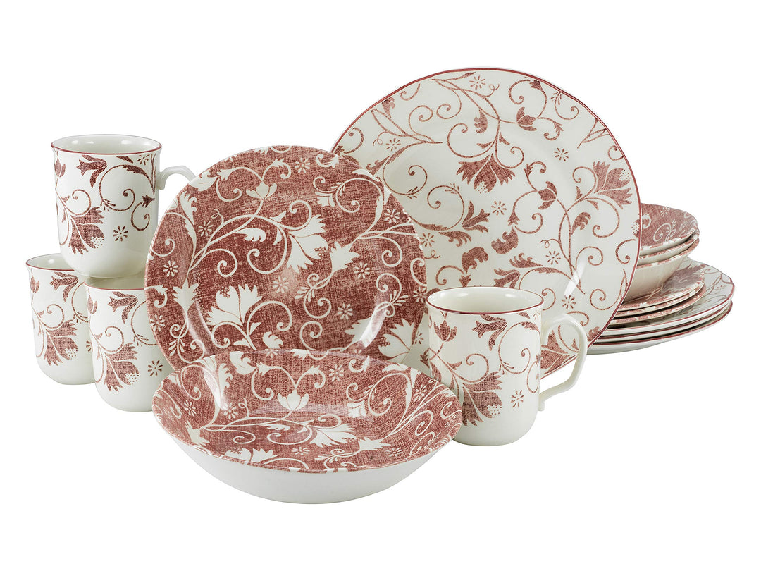 Creatable, 22257, Serie Damask rot, Geschirrset, Kombiservice 16 teilig, Steingut, Rot