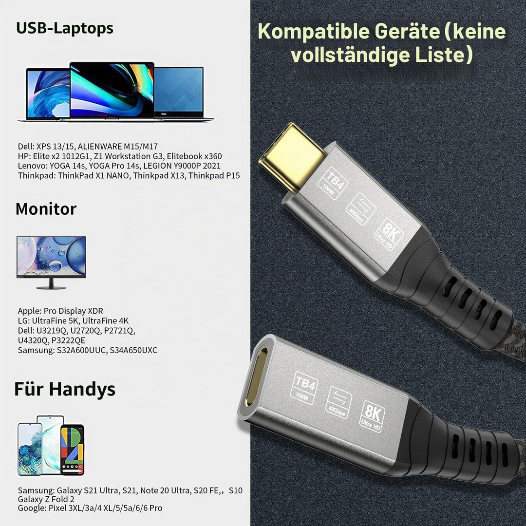 Angusplay USB C Thunderbolt 4 Verlängerung 40Gbps, USB 4 Verlängerungskabel, 8K 60Hz Display / 100W