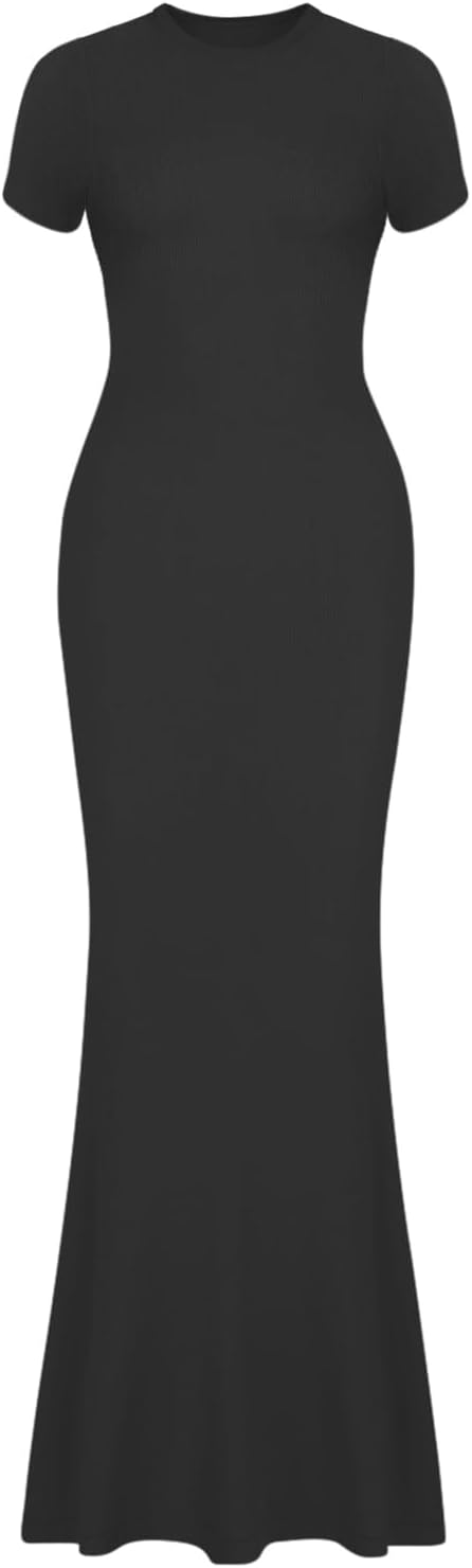 REORIA Damen Sommer Casual Lounge Langes Kleid Elegant Kurzarm Rundhalsausschnitt Figurbetontes Maxi