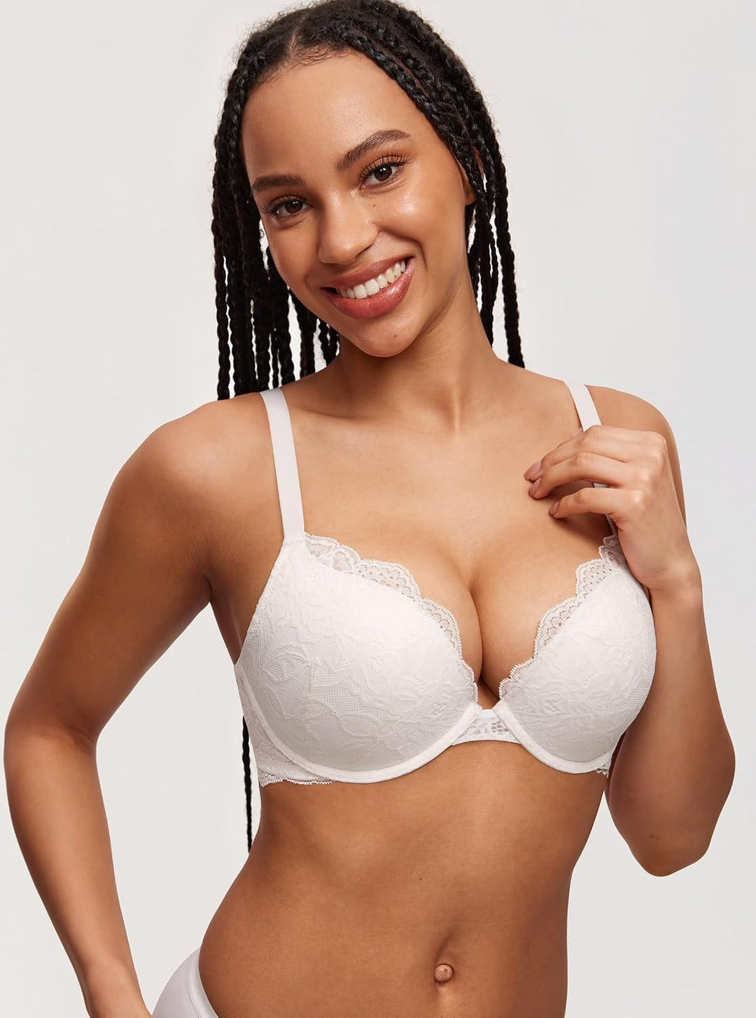 DOBREVA Damen Push Up BH Mit Spitze Gepolstert Plunge Bügel Vollschalen BHS Gemoldete Cups 70B Kokos