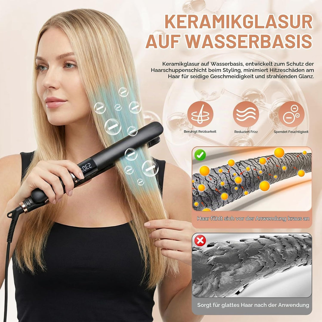 2 in 1 Glätteisen Locken und Glätten, Haarglätter mit LCD Display, 5 Temperaturstufen 150–230°C, Ext