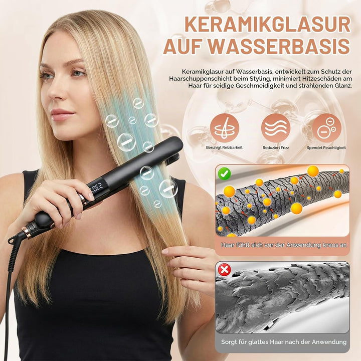 2 in 1 Glätteisen Locken und Glätten, Haarglätter mit LCD Display, 5 Temperaturstufen 150–230°C, Ext