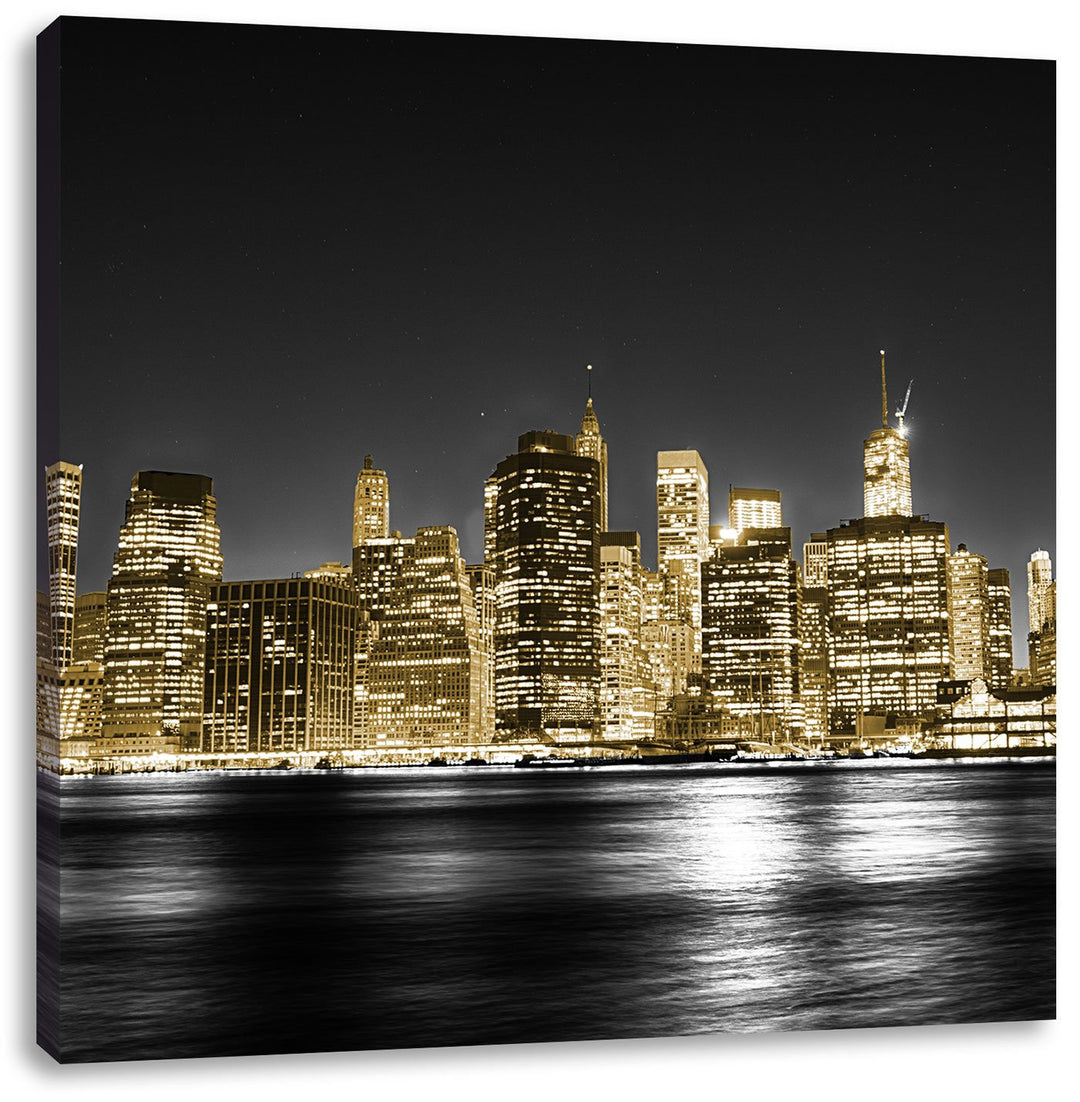 Pixxprint Manhattan Skyline bei Nacht schwarz/weiss, Format: 70x70 auf Leinwand, 70x70
